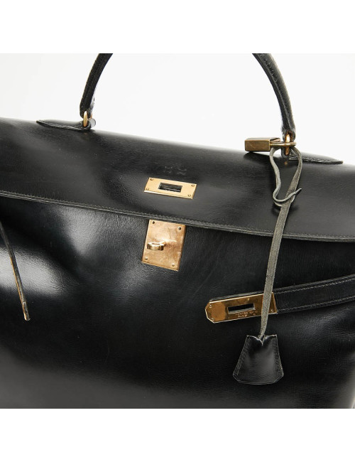 Sac à main Kelly 35 HERMES cuir box noir Vintage