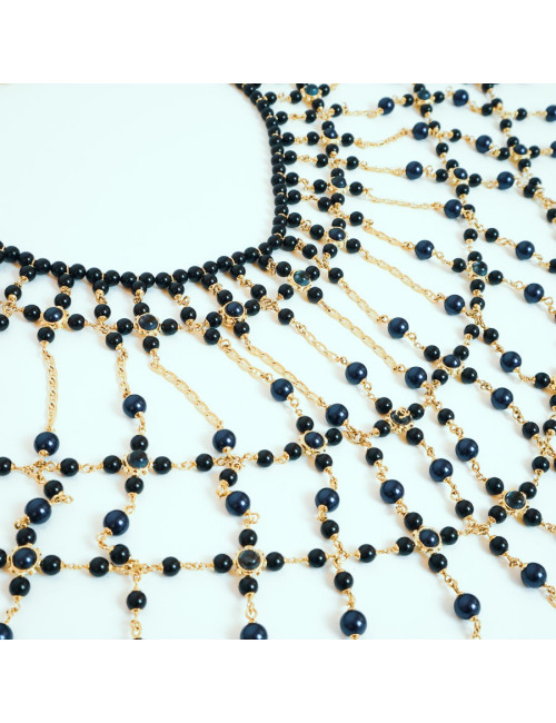 Plastron CHANEL couture perles bleues et noires