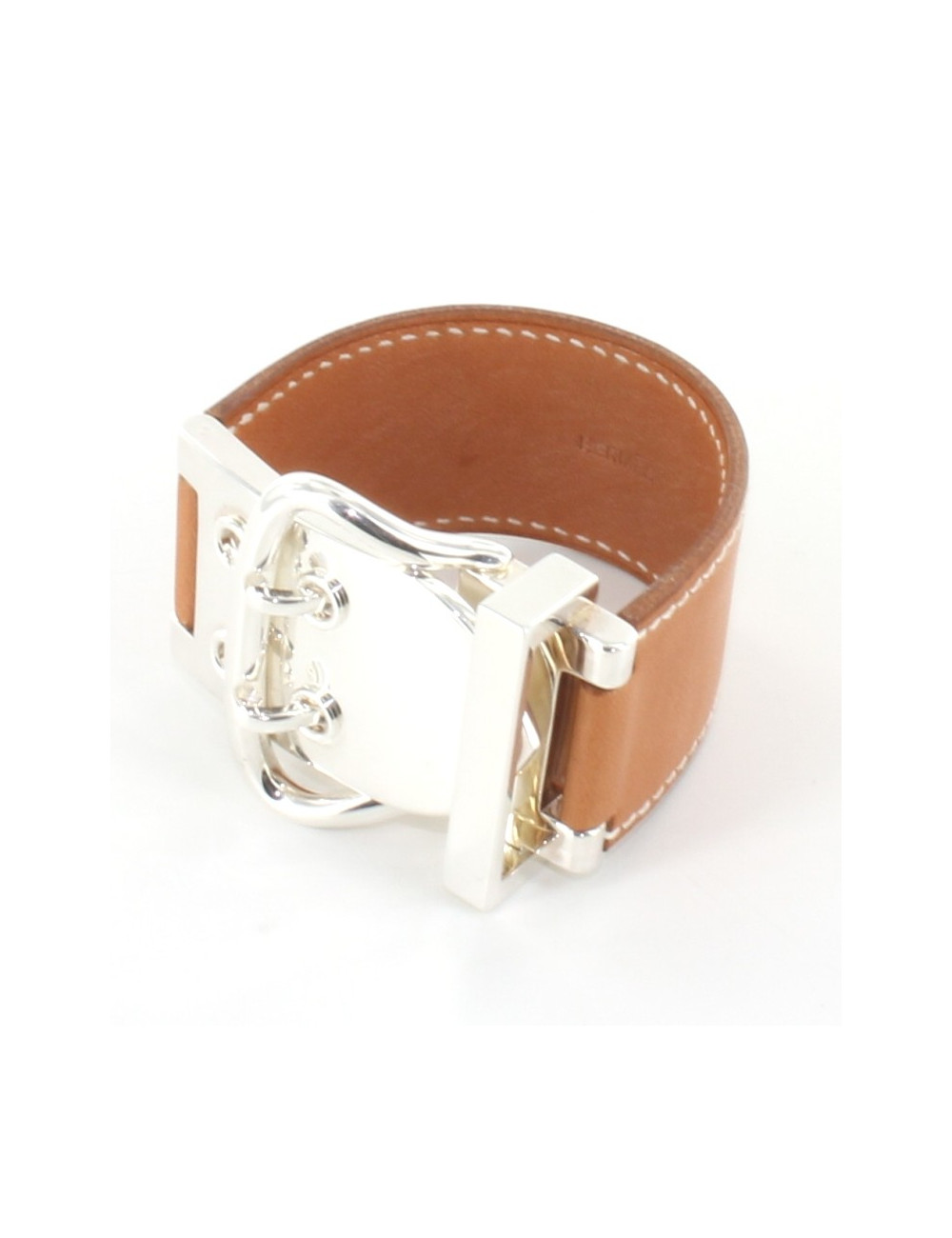 Bracelet HERMES boucle sellier camel et argent