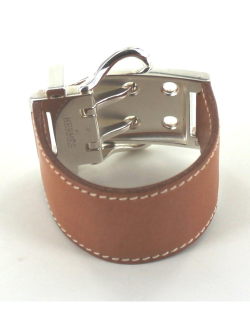 Bracelet HERMES boucle sellier camel et argent
