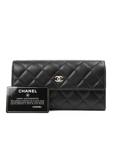 Portefeuille à rabat CHANEL cuir matelassé noir