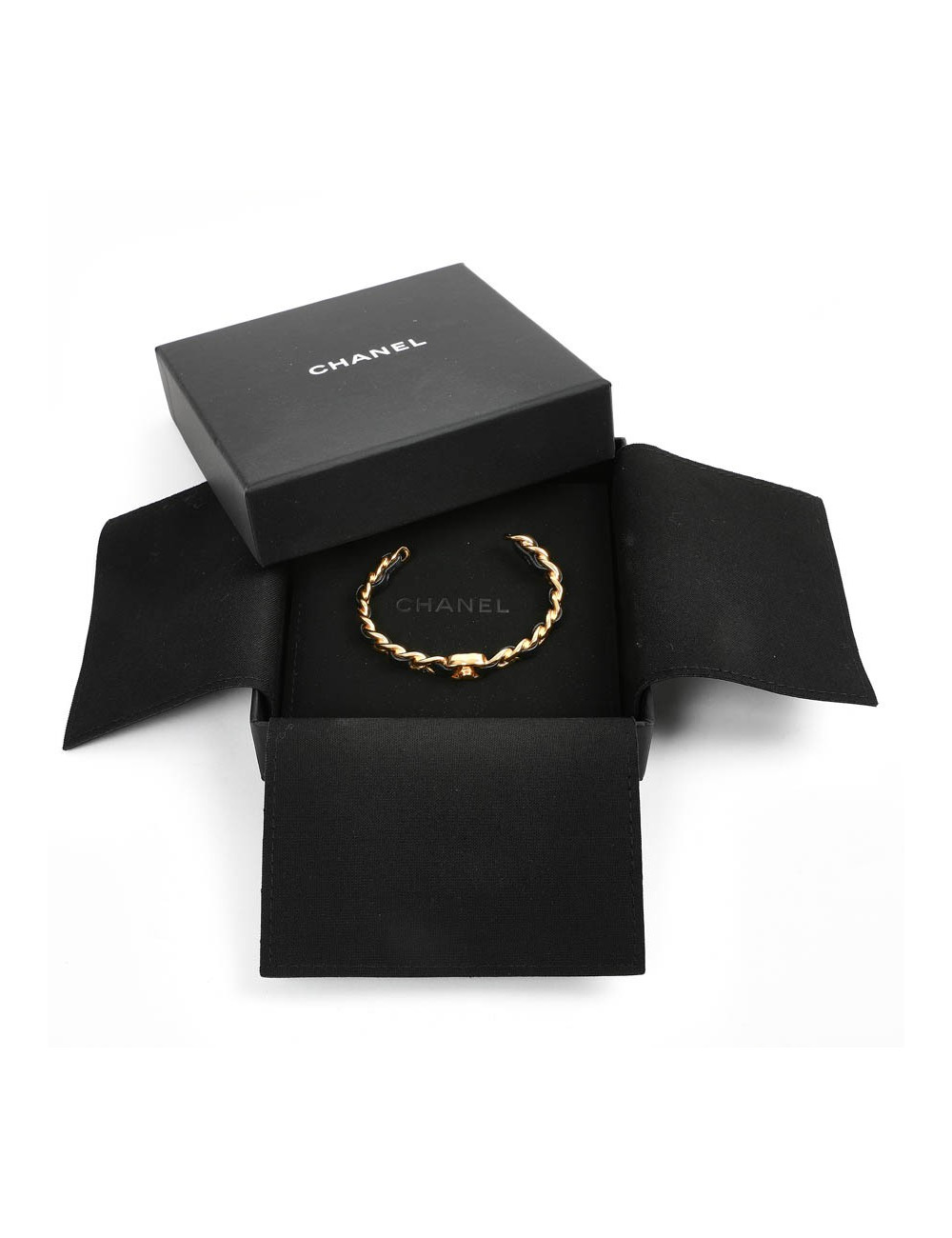 bracelet CHANEL métal doré entrelacé de cuir noir