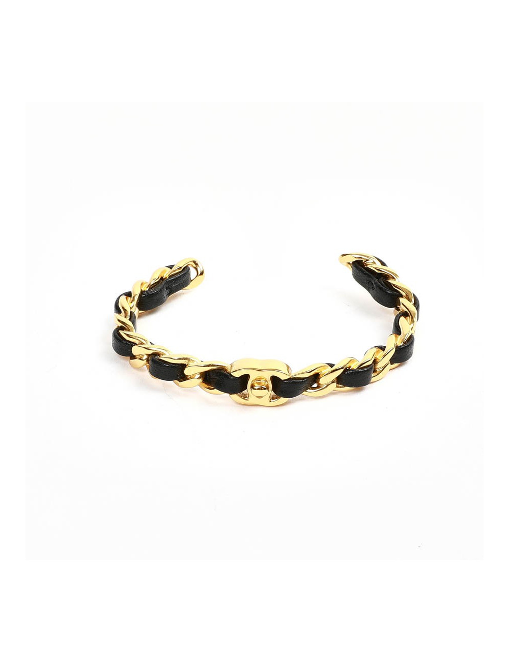 bracelet CHANEL métal doré entrelacé de cuir noir