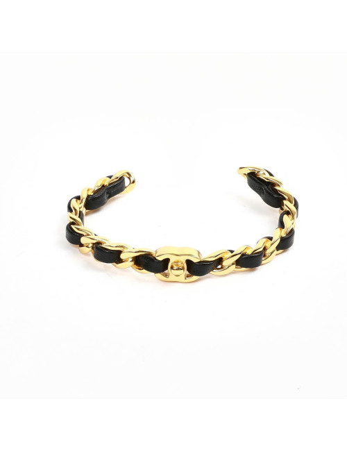 bracelet CHANEL métal doré entrelacé de cuir noir