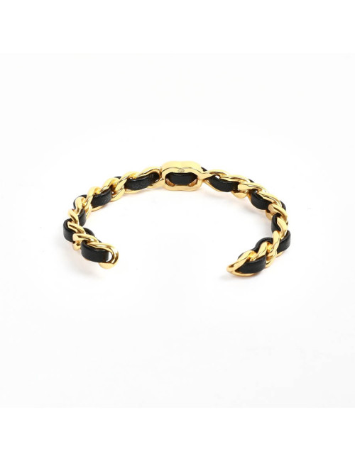 bracelet CHANEL métal doré entrelacé de cuir noir