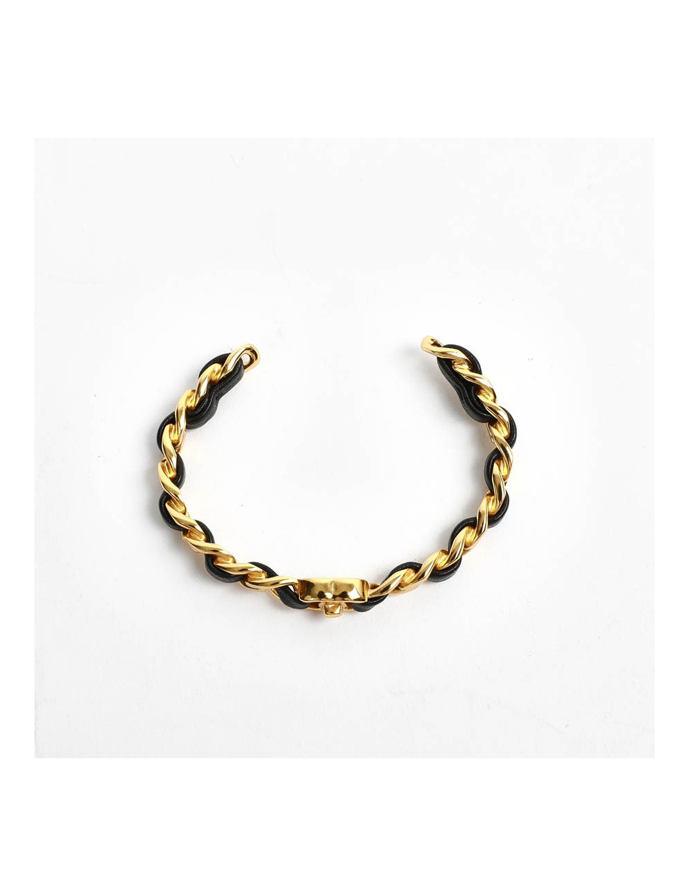 bracelet CHANEL métal doré entrelacé de cuir noir