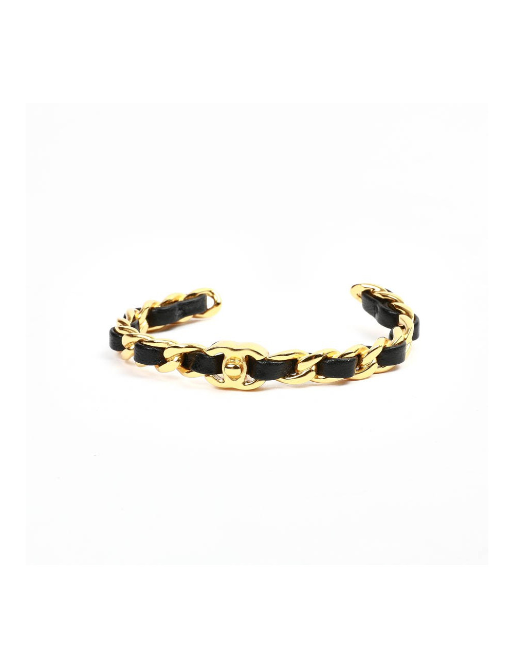 bracelet CHANEL métal doré entrelacé de cuir noir