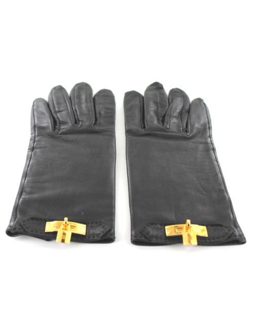 Gants HERMES en cuir noir et boucle Kelly dorée