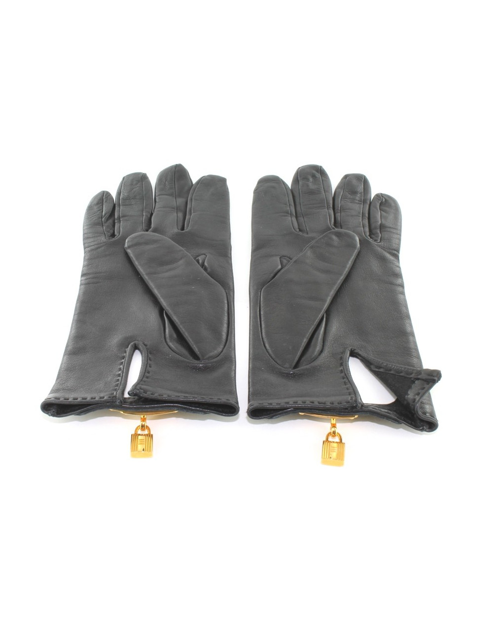 Gants HERMES en cuir noir et boucle Kelly dorée