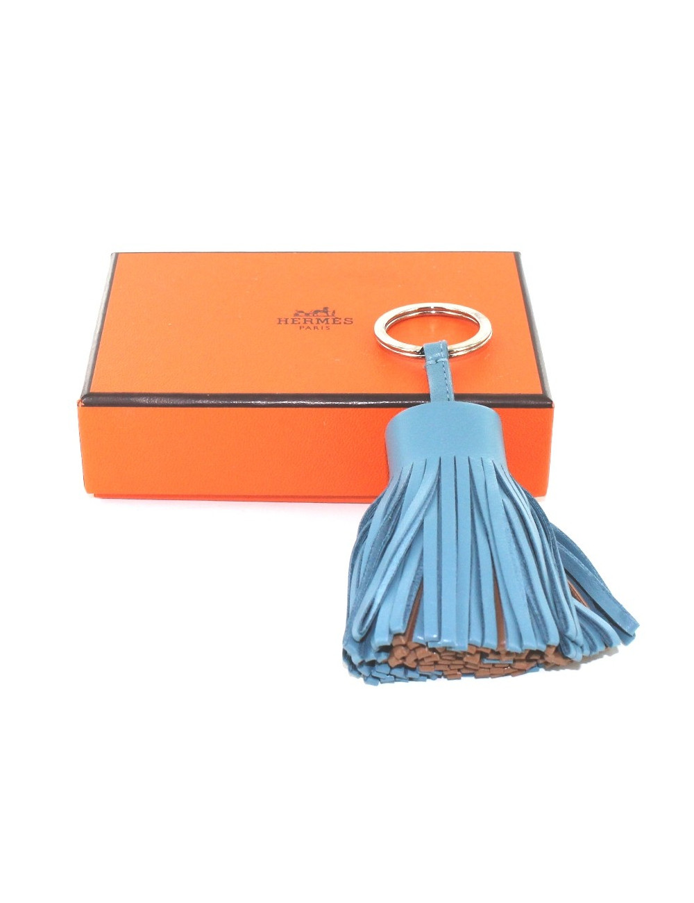 Porte-clefs HERMES pompom en cuir bleu jean et marron