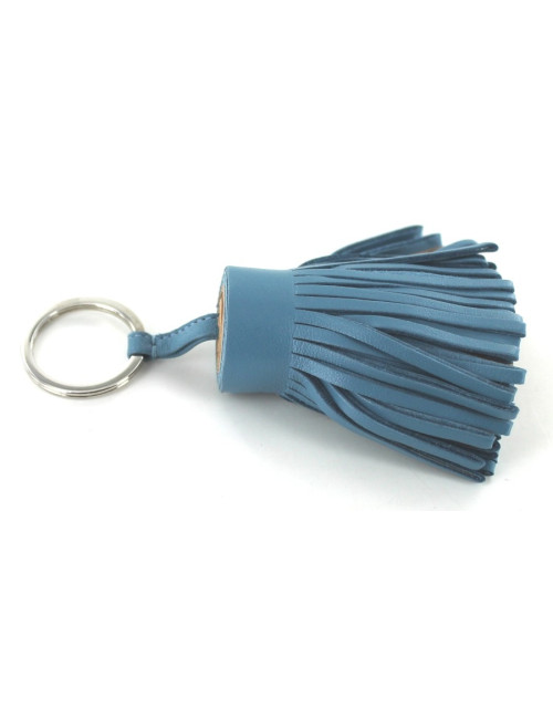 Porte-clefs HERMES pompom en cuir bleu jean et marron