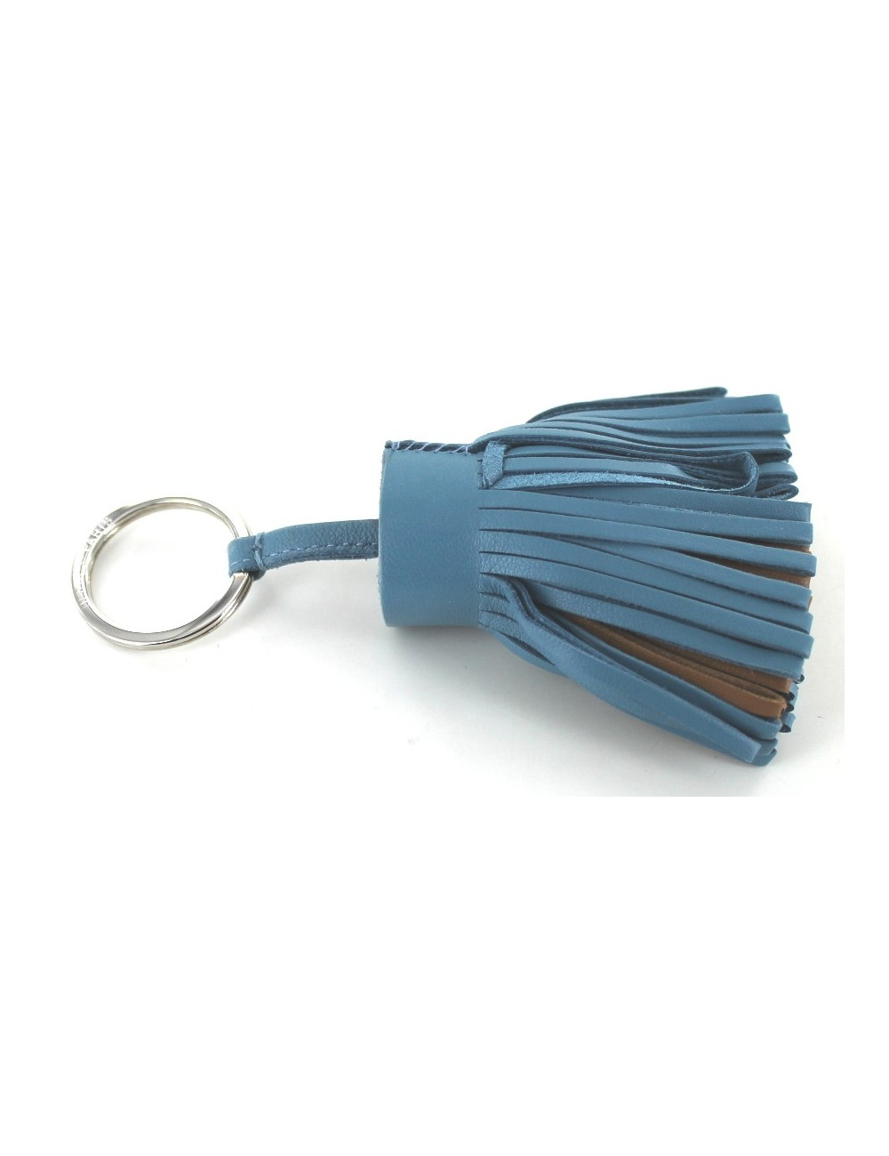 Porte-clefs HERMES pompom en cuir bleu jean et marron