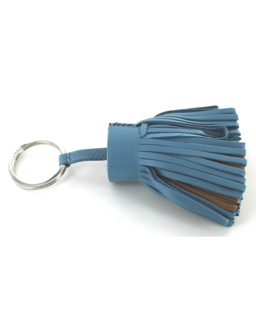 Porte-clés HERMES pompom en cuir bleu jean et marron