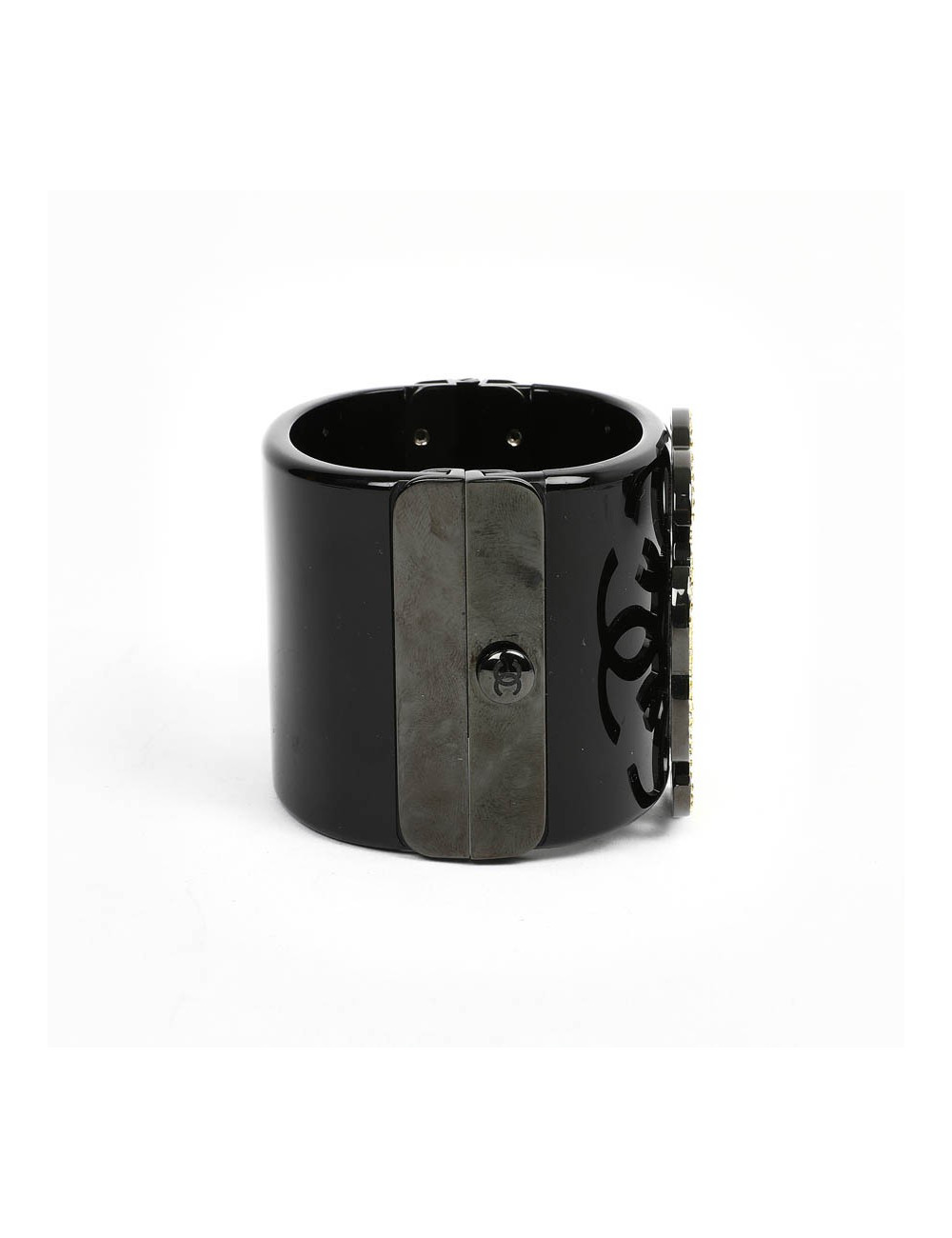 Manchette CHANEL resine noire CC strass jaunes