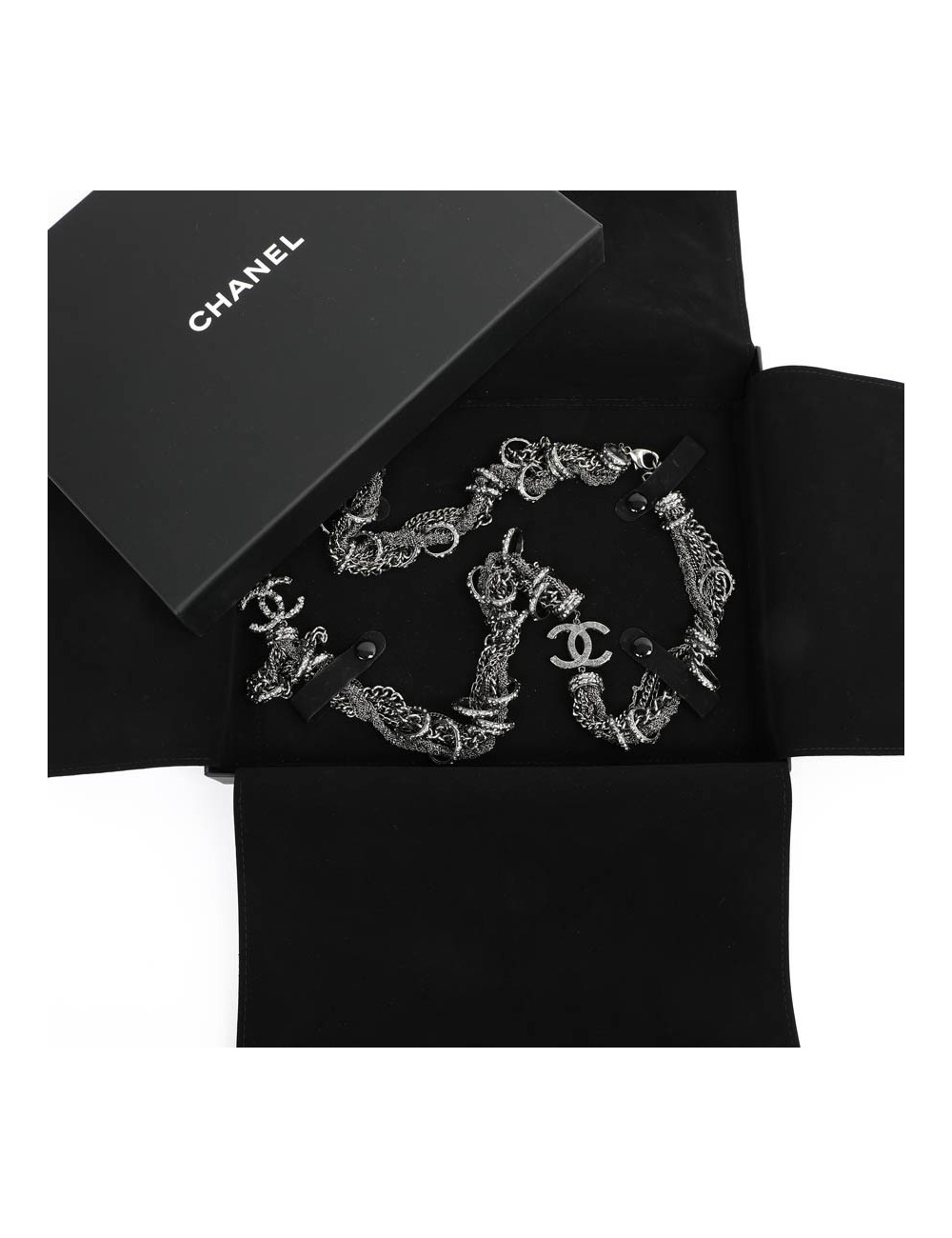 Sautoir CHANEL chaines entrelacés ruthénium strass