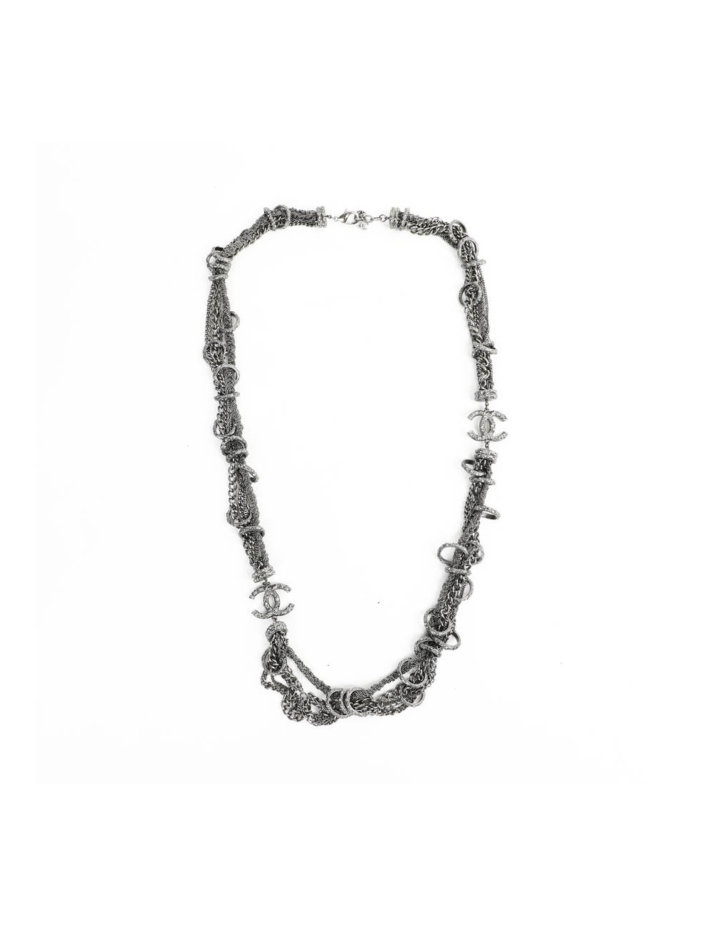 Sautoir CHANEL chaines entrelacées ruthénium strass