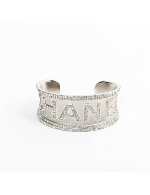CHANEL silver tone cuff with rhinestones
