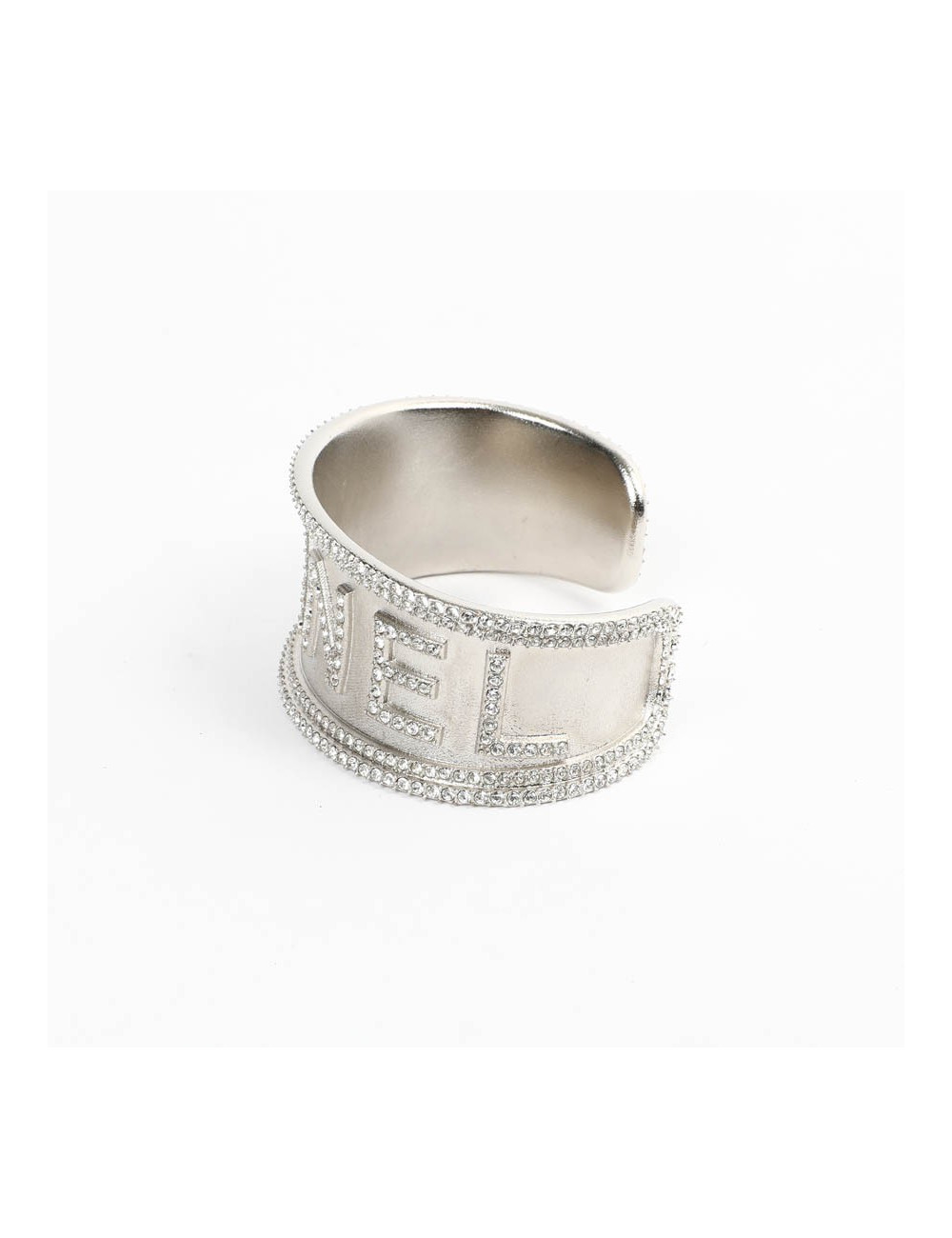 CHANEL silver tone cuff with rhinestones