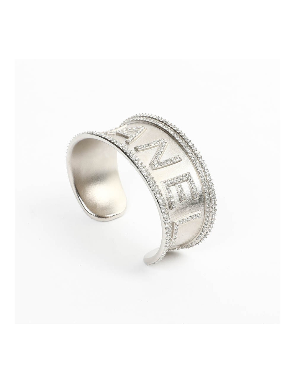 CHANEL silver tone cuff with rhinestones