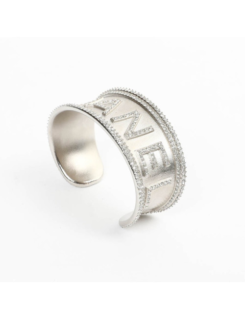 CHANEL silver tone cuff with rhinestones