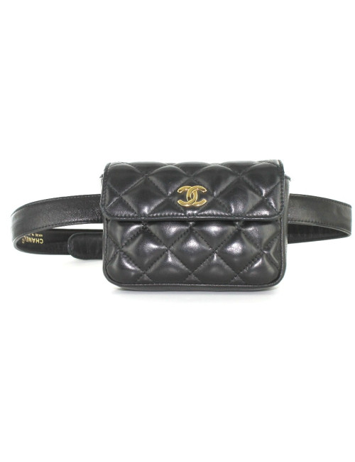 Ceinture-pochette CHANEL en cuir matelassé noir et métal doré