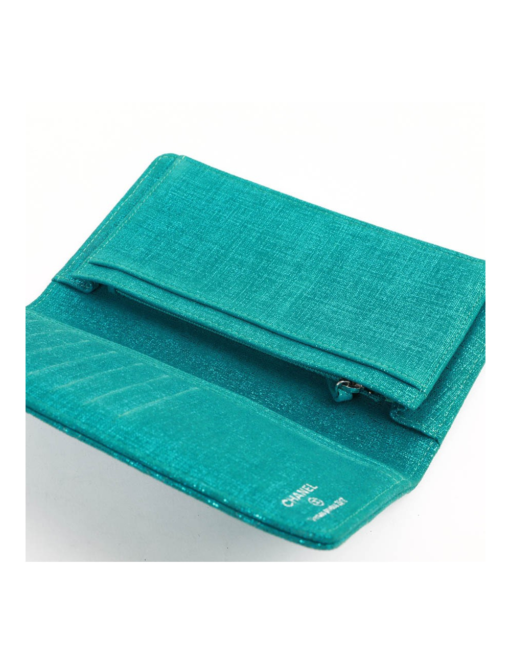 Portefeuille CHANEL en tissu turquoise irisé