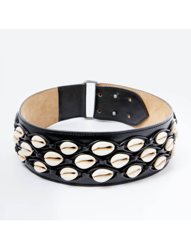 ALAIA Belt in Black Leather and White Shells 65 2