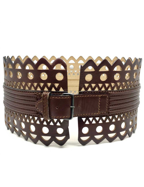 Ceinture ALAIA dentelle cuir T65 marron