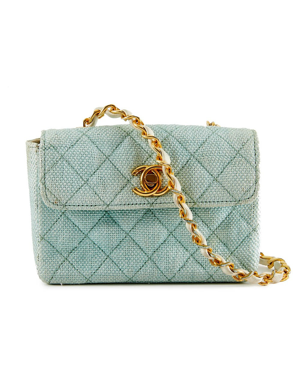 Mini sac CHANEL tissu paille vert d'eau