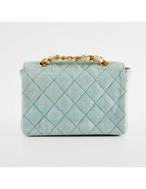 Mini sac CHANEL tissu paille vert d'eau