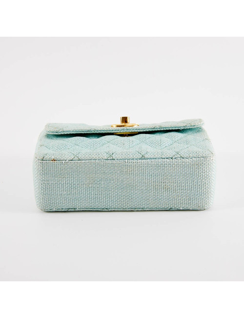 Mini sac CHANEL tissu paille vert d'eau