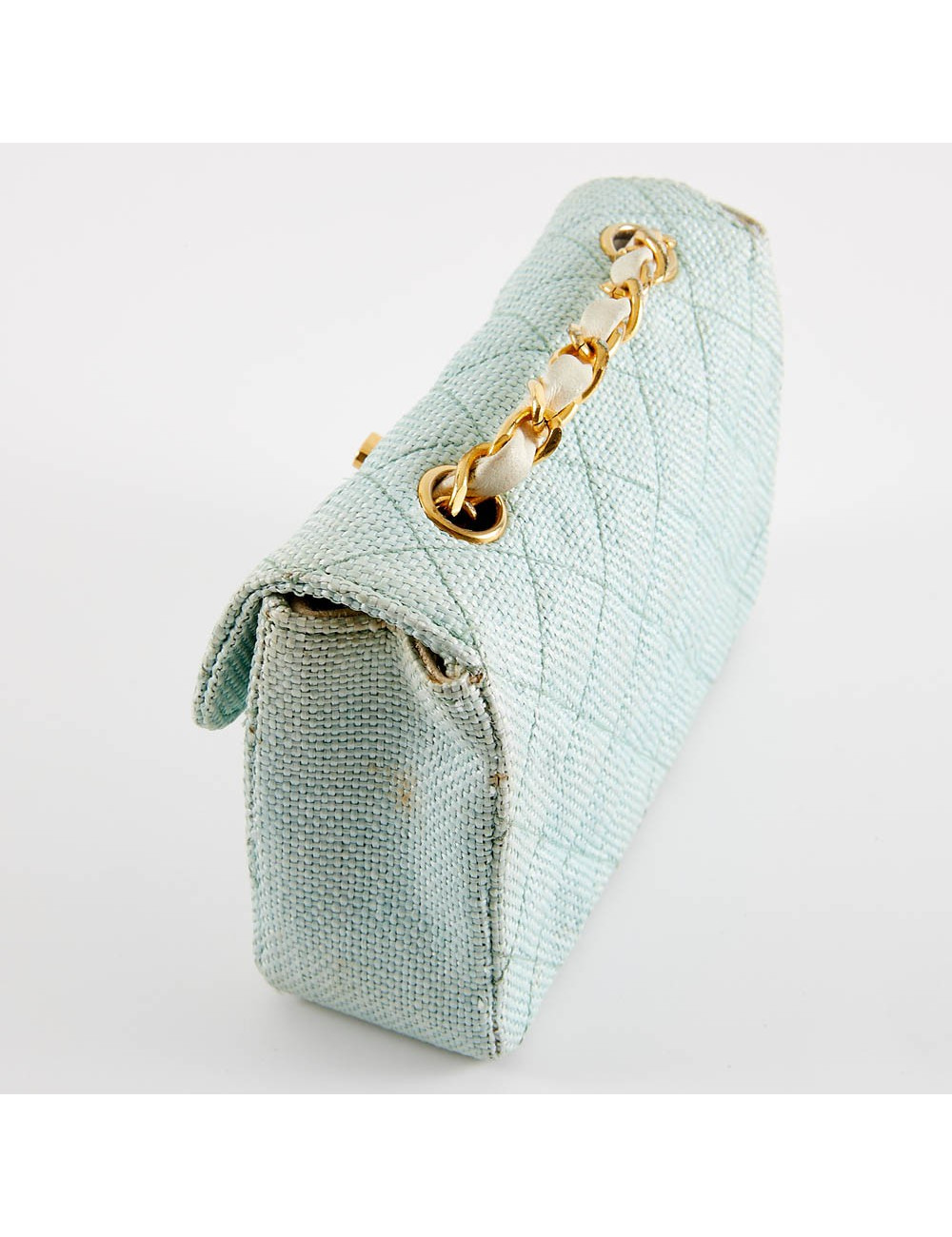 Mini sac CHANEL tissu paille vert d'eau