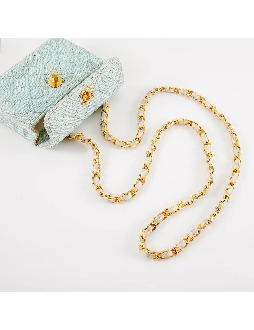 Mini sac CHANEL tissu paille vert d'eau