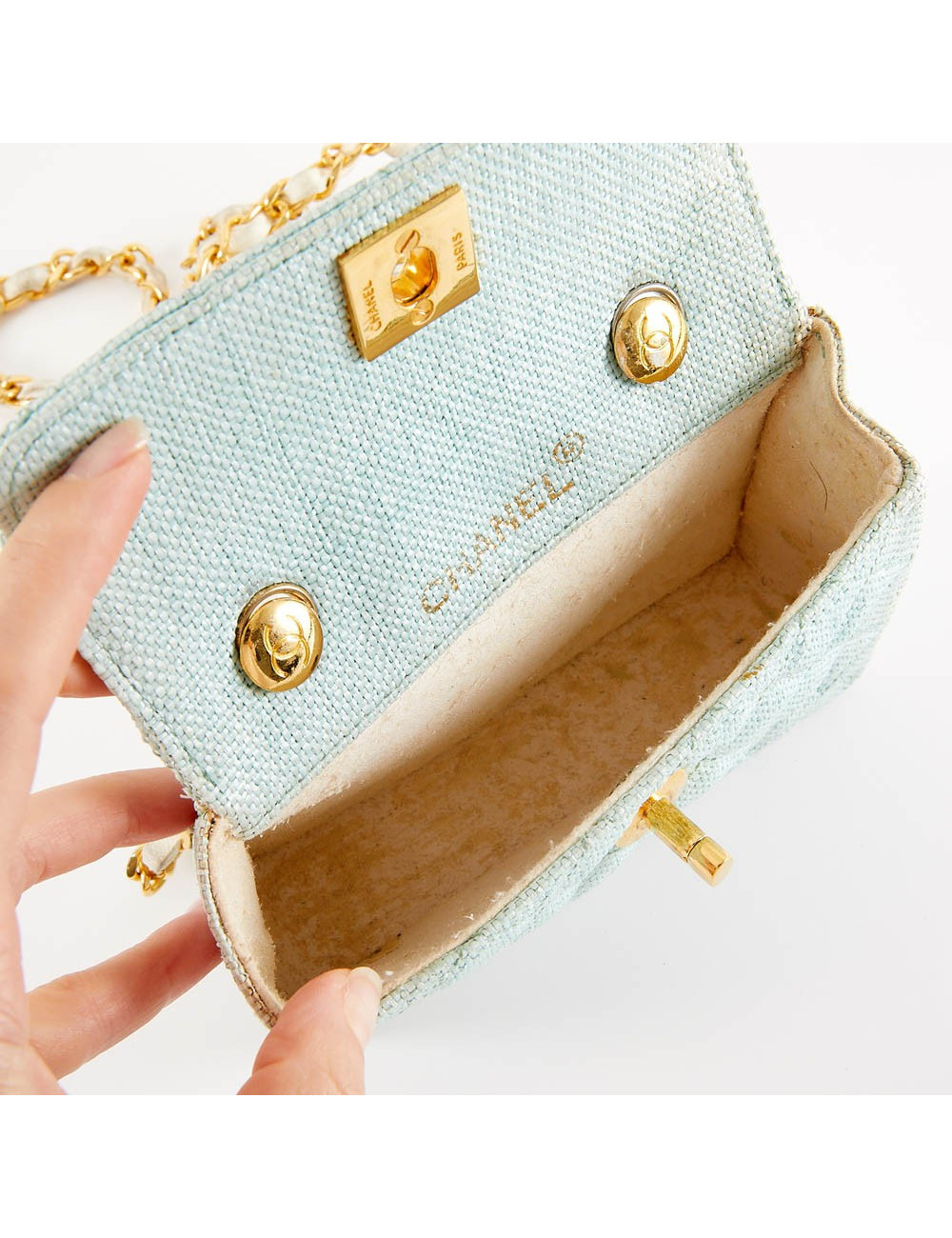 Mini sac CHANEL tissu paille vert d'eau