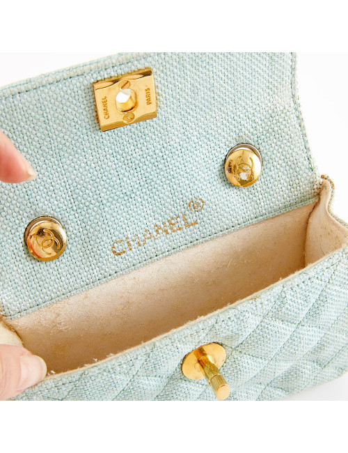 Mini sac CHANEL tissu paille vert d'eau