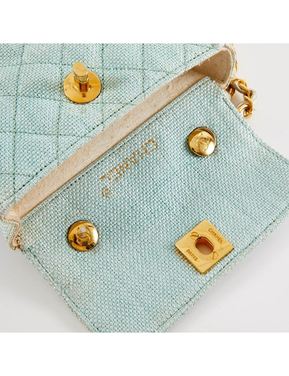 Mini sac CHANEL tissu paille vert d'eau