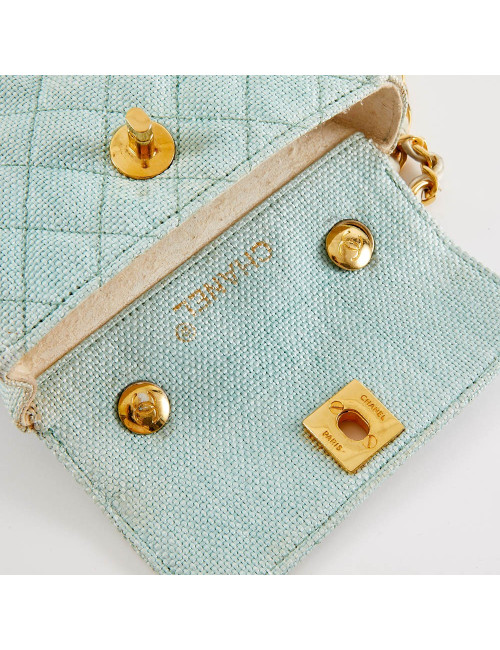 Mini sac CHANEL tissu paille vert d'eau