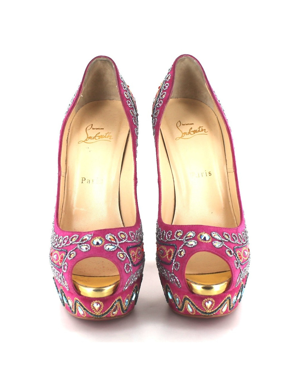 Escarpins CHRISTIAN LOUBOUTIN en veau velours rose avec broderies