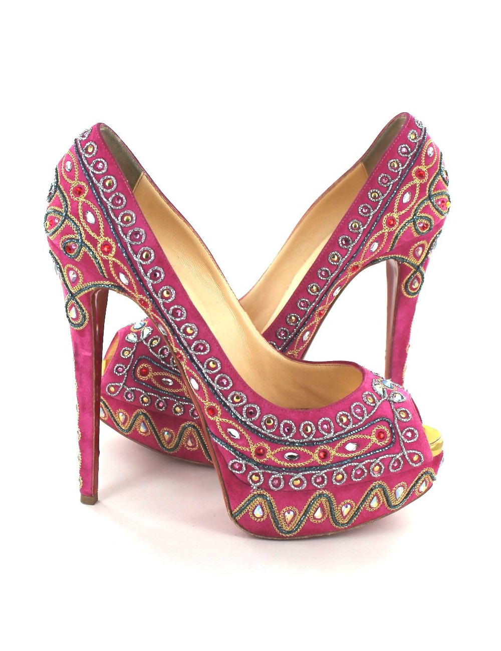 Escarpins CHRISTIAN LOUBOUTIN en veau velours rose avec broderies
