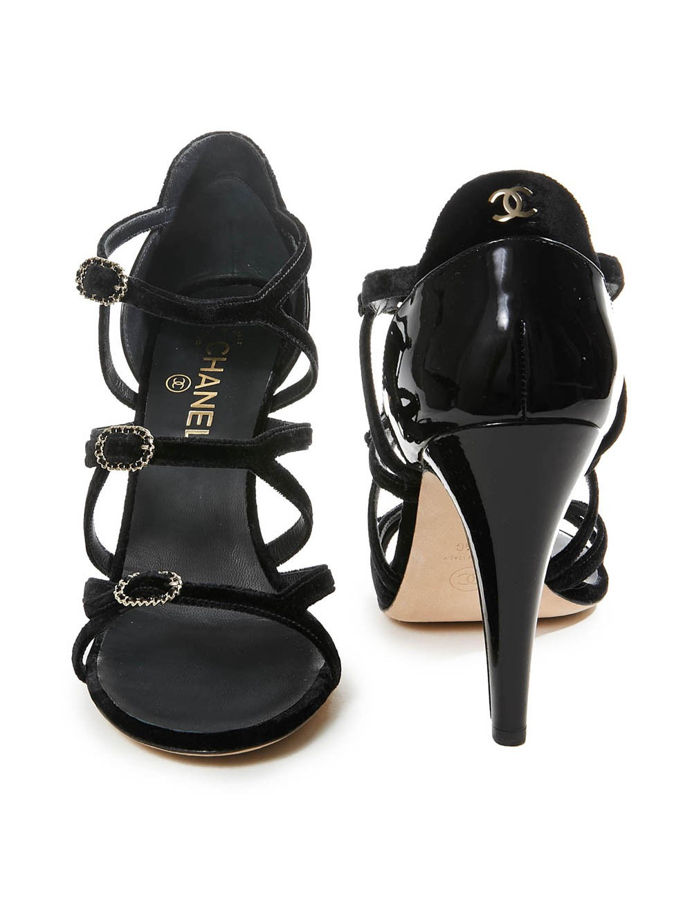 Escarpins CHANEL lanières velours et cuir verni