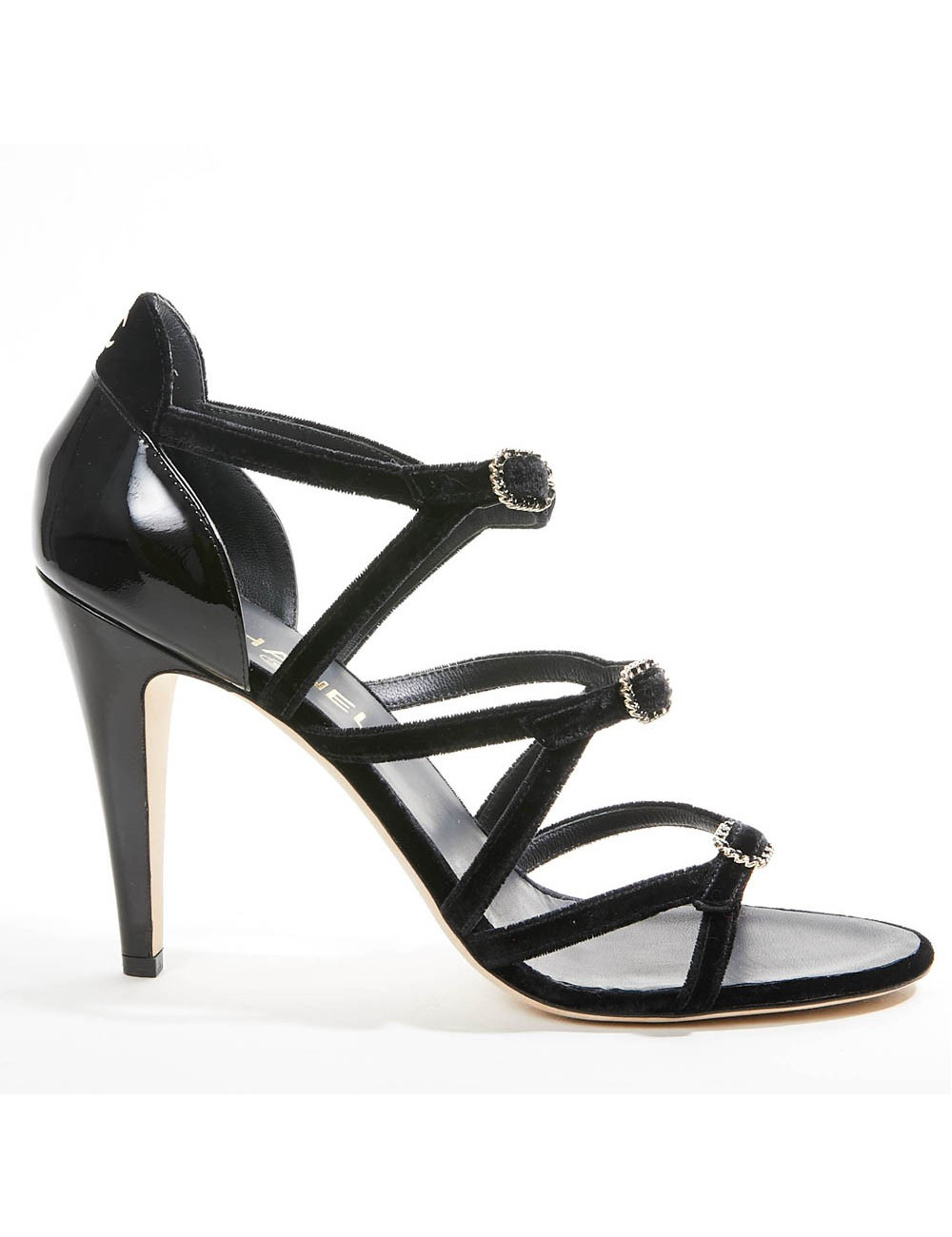 Escarpins CHANEL lanières velours et cuir verni