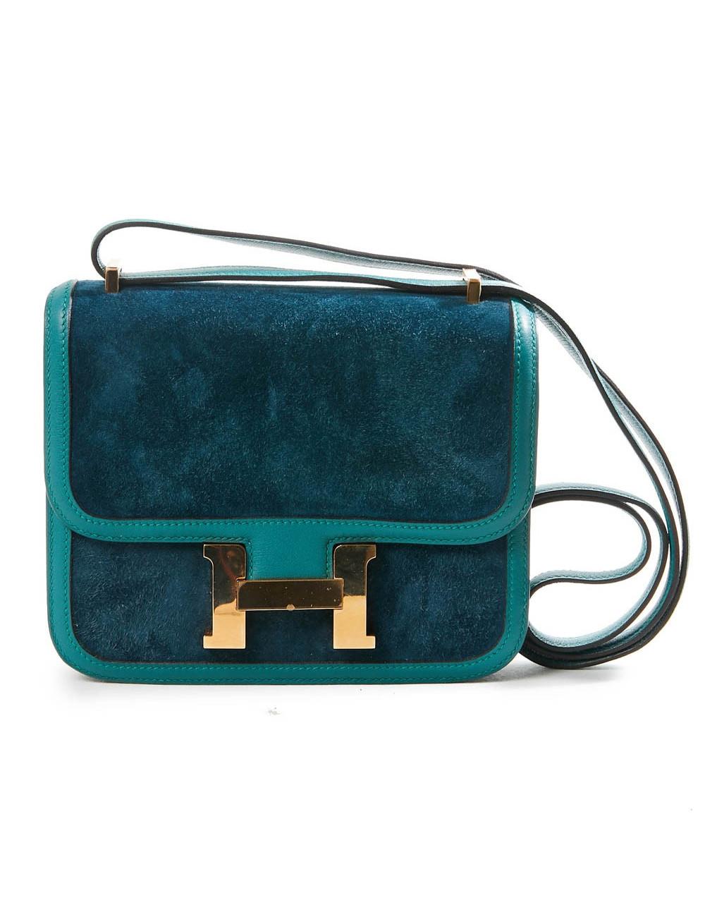 Sac à main Constance HERMES cuir doblis vert malachite bleu océan