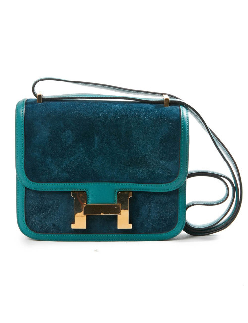 Sac à main Constance HERMES cuir doblis vert malachite bleu océan