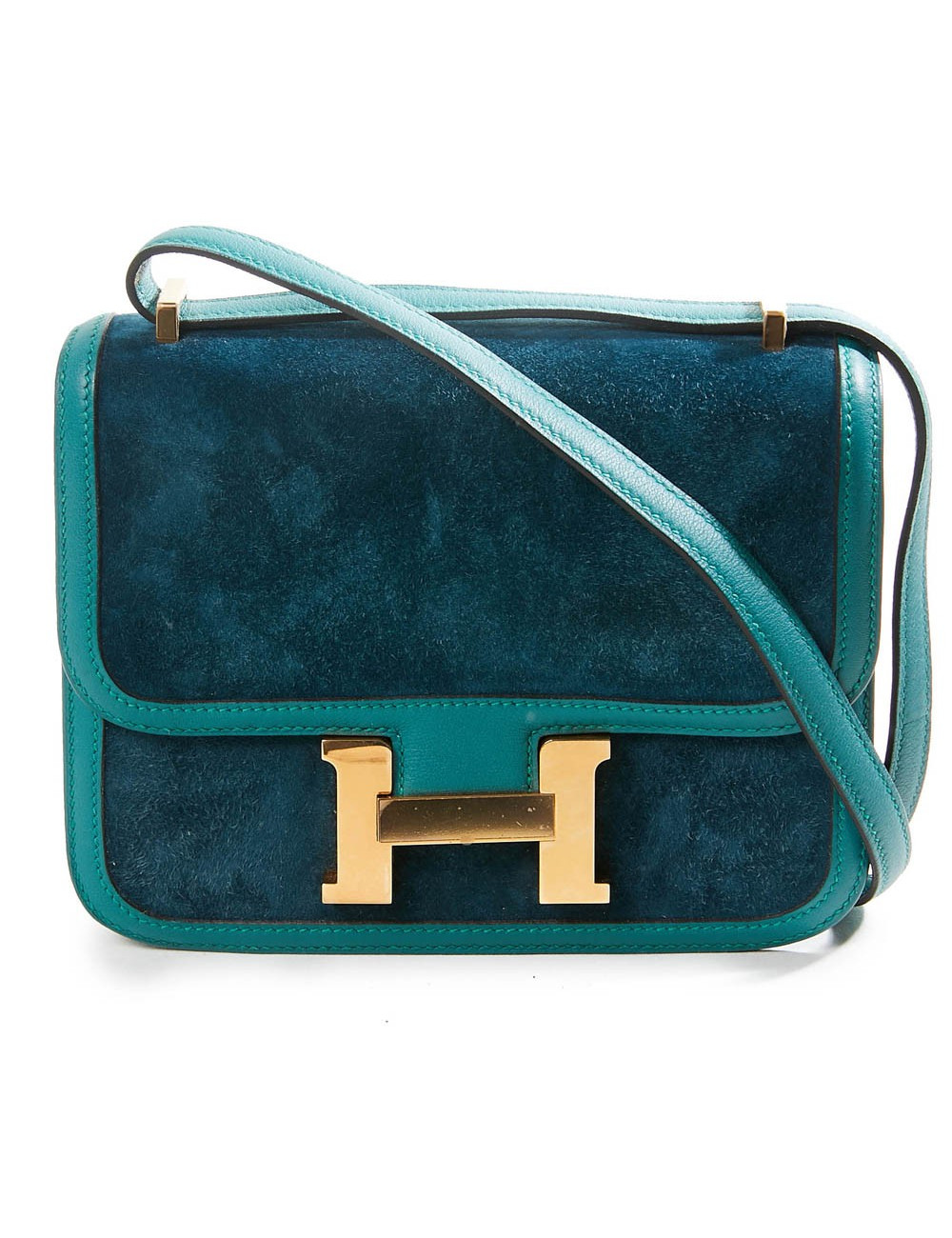 Sac à main Constance HERMES cuir doblis vert malachite bleu océan