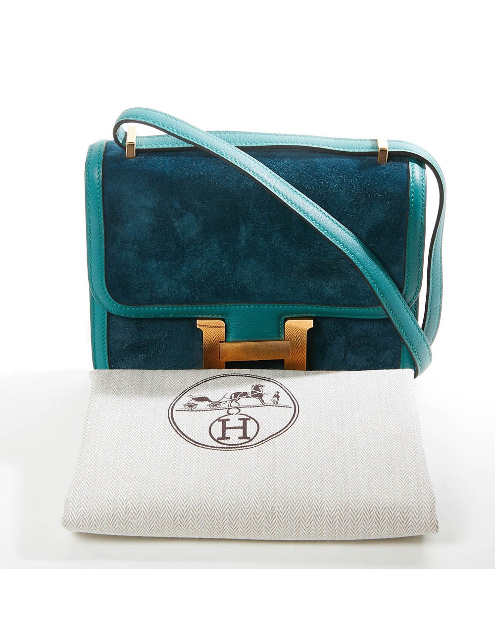 Sac à main Constance HERMES cuir doblis vert malachite bleu océan