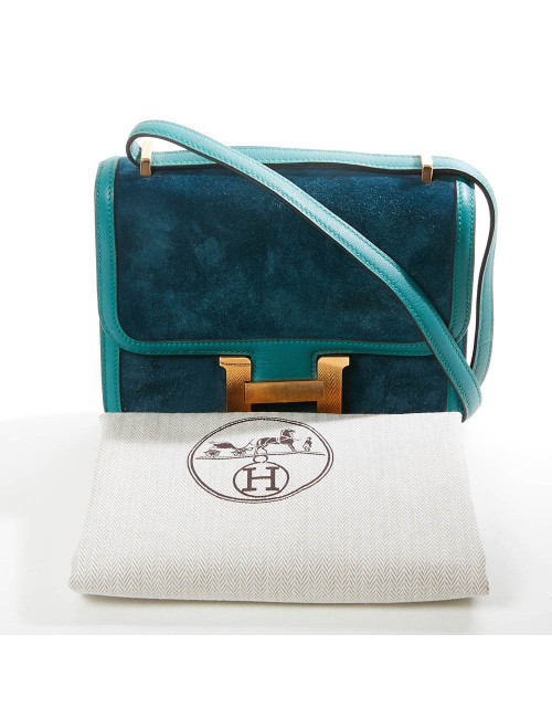 Sac à main Constance HERMES cuir doblis vert malachite bleu océan
