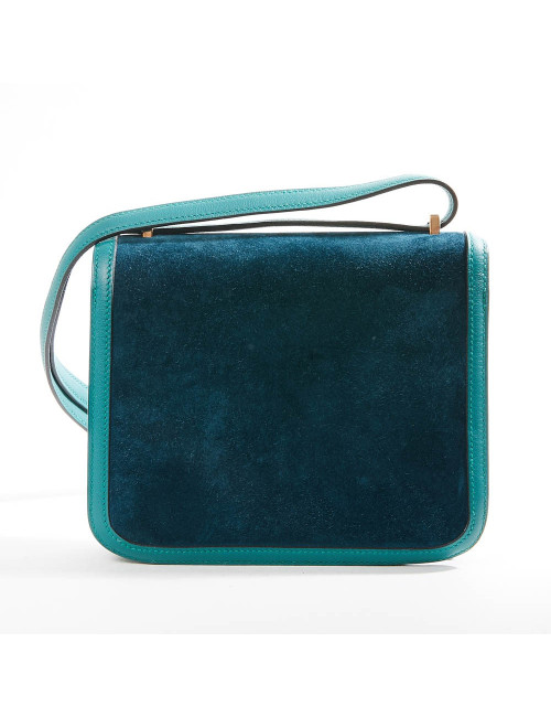 Sac à main Constance HERMES cuir doblis vert malachite bleu océan