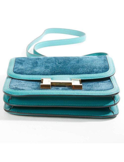 Sac à main Constance HERMES cuir doblis vert malachite bleu océan