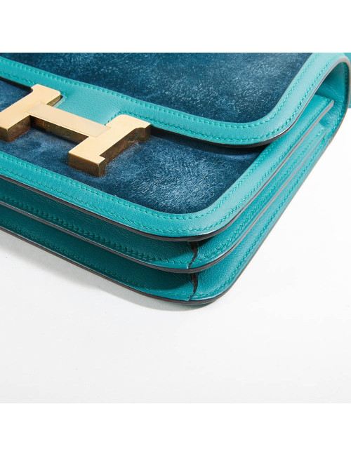 Sac à main Constance HERMES cuir doblis vert malachite bleu océan