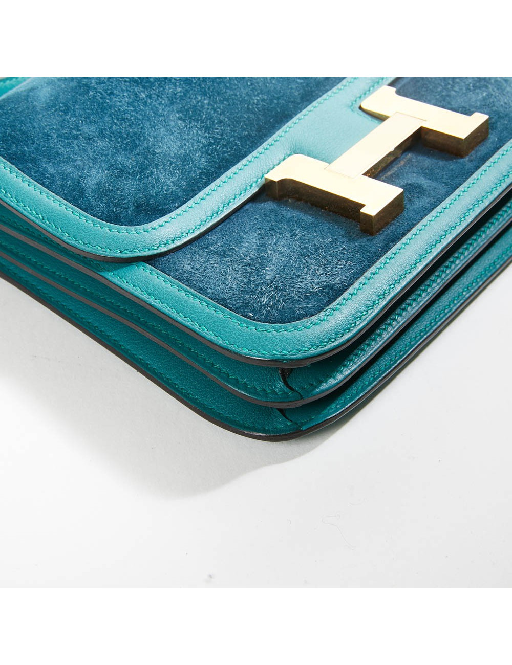 Sac à main Constance HERMES cuir doblis vert malachite bleu océan